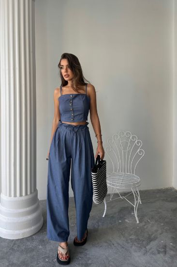 TENCEL CROP ASKILI BLUZ - ŞALVAR PANTOLON TK - İndigo resmi